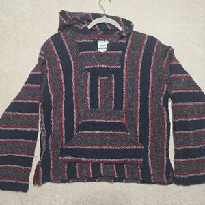 Veracruz Baja Hoodie Mens Medium Navy‎ Blue Red Striped Drug Rug Mexican Poncho